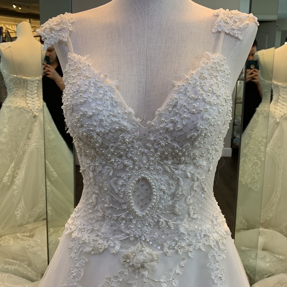 NEW ivory Aline cathedral length train wedding dress beaded corset back vneck - Picture 5 of 11